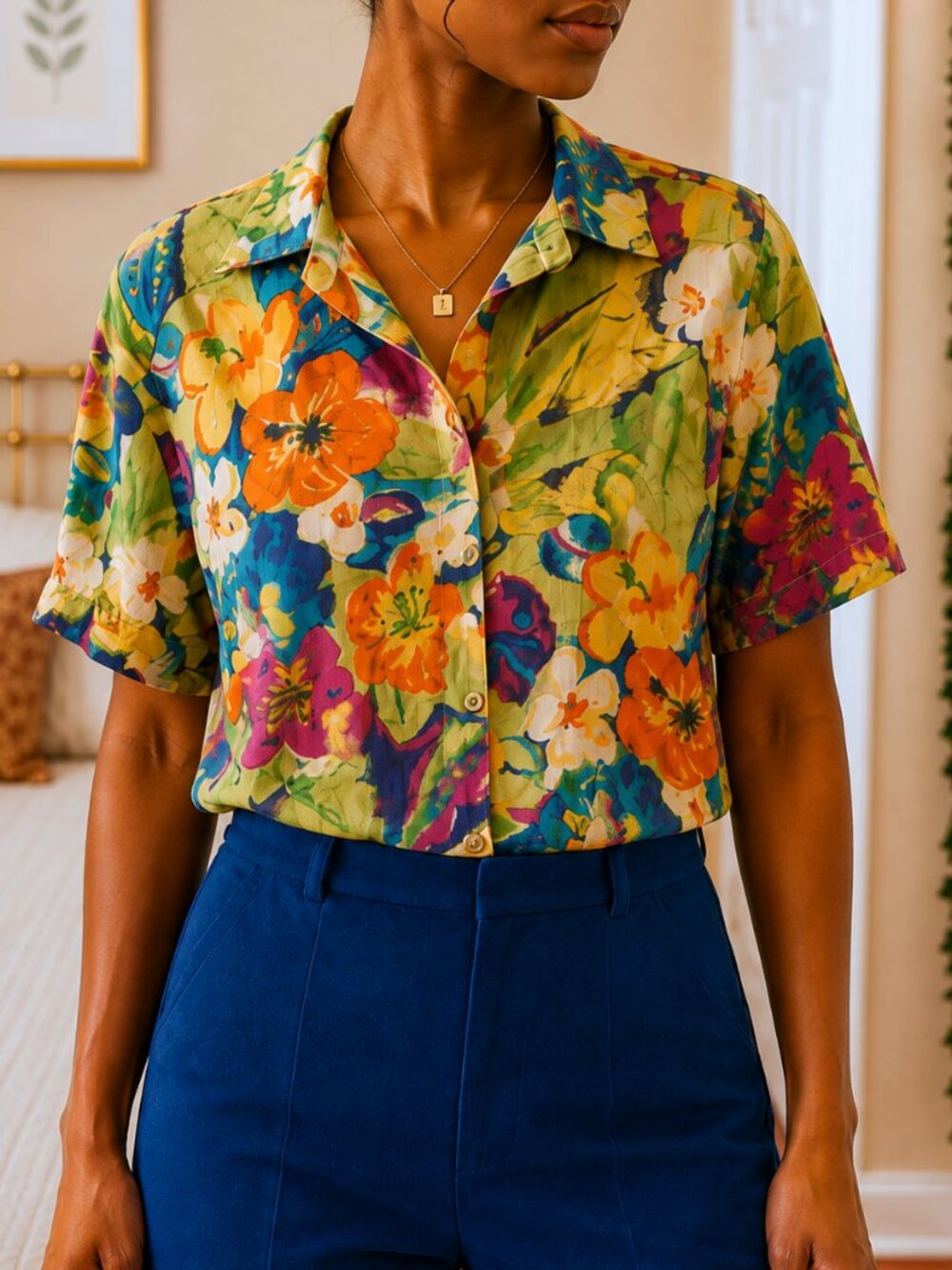 Delores Bell Womens Size M Floral Rayon Button Up Blouse Retro Resort Maximalist